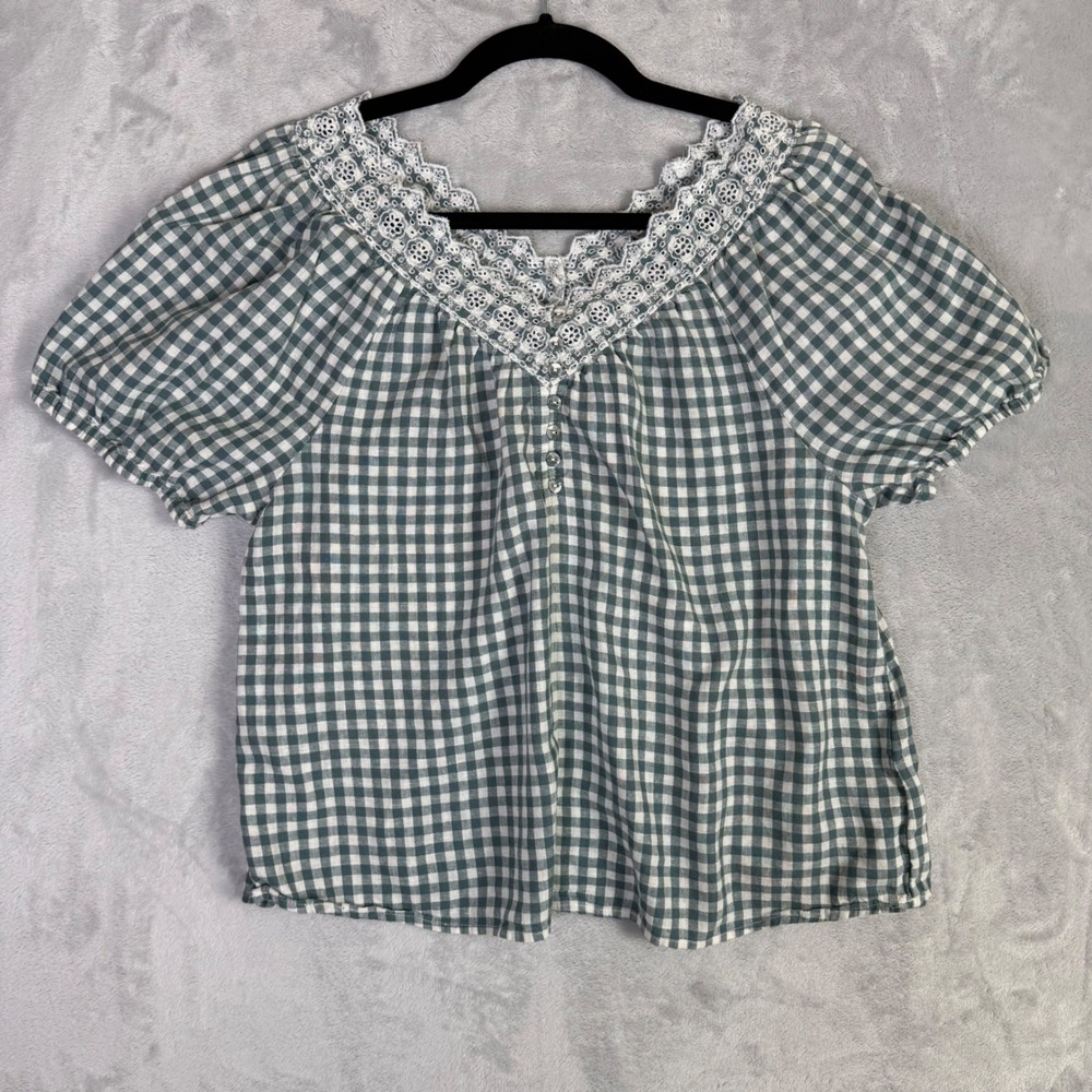 Madewell Blouse Women M Green Gingham Lace Trim Puff Sleeve V-Neck Top Linen